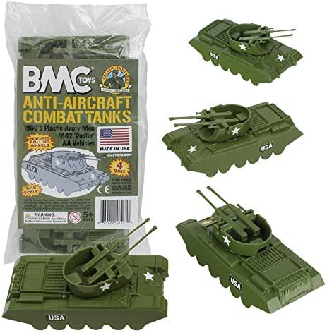 Promo Lassic Payton Anti-Aircraft Tanks – 4pc Tan Green Plastic Army Men Vehicle - Railway-Themed Play Edition