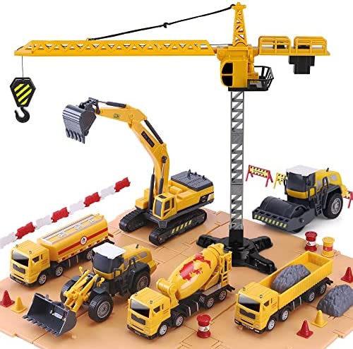Promo Construction Site Vehicles Toy Set Kids Engineering Playset Tractor Digger Crane Dump Trucks Excavator Cement Steamroller Birthday Gift For 3 4 5 Year Old Toddlers Boys Child - Farm and Construction Play Edition