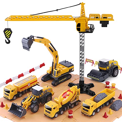 Promo Construction Site Vehicles Toy Set Kids Engineering Playset Tractor Digger Crane Dump Trucks Excavator Cement Steamroller Birthday Gift For 3 4 5 Year Old Toddlers Boys Child - Farm and Construction Play Edition
