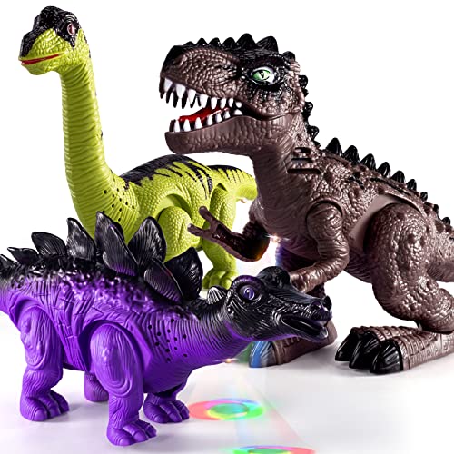 New 3 Pack Electric Walking Dinosaur Toys For Toddlers 2-4 3-5 Years With Roar Sounds And Lights Up Realistic Robot T-Rex Brachiosaurus Stegosaurus Dinosaur Figures For Kids - Track and Vehicle Play Edition
