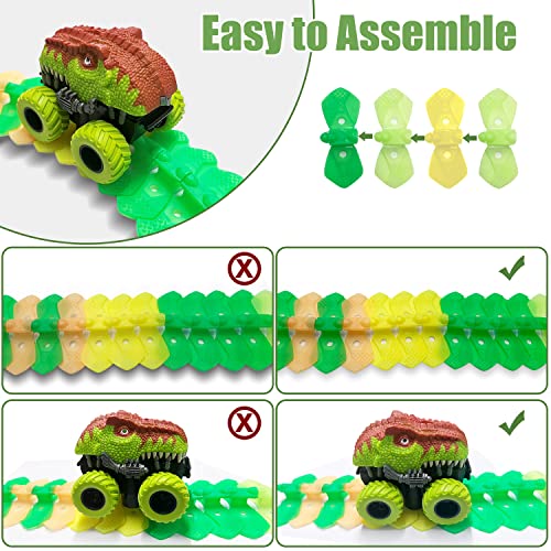 Inodoo Magic Tracks For Boys Girls Kids 144Pcs Flexible Glow In The Dark Race Track With LED Light-Up Dinosaur Race Car STEM Building Slot Car Toys well-suited Christmas Birthday Gifts For Aged 4-8 Dinosaur Race Track - Track and Vehicle Play Edition