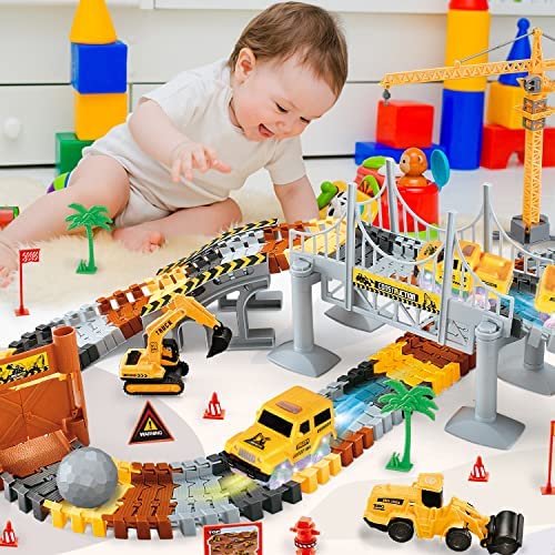Inodoo Magic Tracks For Boys Girls Kids 144Pcs Flexible Glow In The Dark Race Track With LED Light-Up Dinosaur Race Car STEM Building Slot Car Toys well-suited Christmas Birthday Gifts For Aged 4-8 Dinosaur Race Track - Track and Vehicle Play Edition