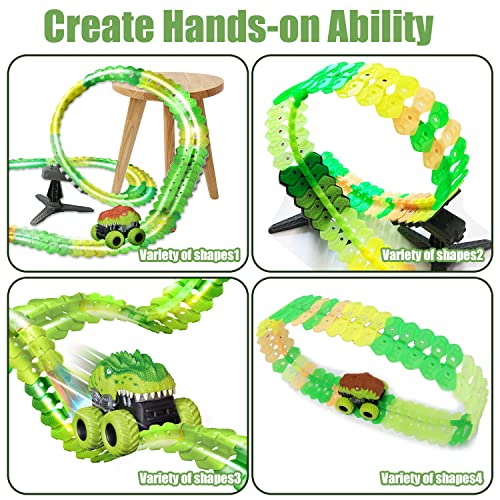 Inodoo Magic Tracks For Boys Girls Kids 144Pcs Flexible Glow In The Dark Race Track With LED Light-Up Dinosaur Race Car STEM Building Slot Car Toys well-suited Christmas Birthday Gifts For Aged 4-8 Dinosaur Race Track - Track and Vehicle Play Edition