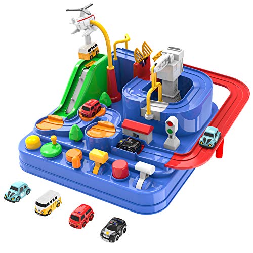 Toddler Toys For 3 4 5 Years Old Boys Girls Car Adventure Toys City Rescue With 4 Mini Cars,Race Tracks Car Toys For Boys Age 3-5 Birthday Gifts For 3-5 Year Old Boys Girls 10.2×10.2×7.2in - Track and Vehicle Play Edition