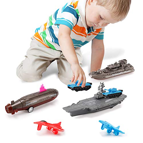 Aircraft Carrier Pullback Mini Military Toy Playset With Fighter Jets Stealth Bomber Tank Warship Submarine (8 Pieces) - Ocean Adventure Play Edition