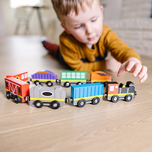 Wooden Train Cars (8 Pcs) – Magnetic Train Wooden Train Toys Train Sets For Toddlers And Kids Ages 3+ - Railway-Themed Play Edition