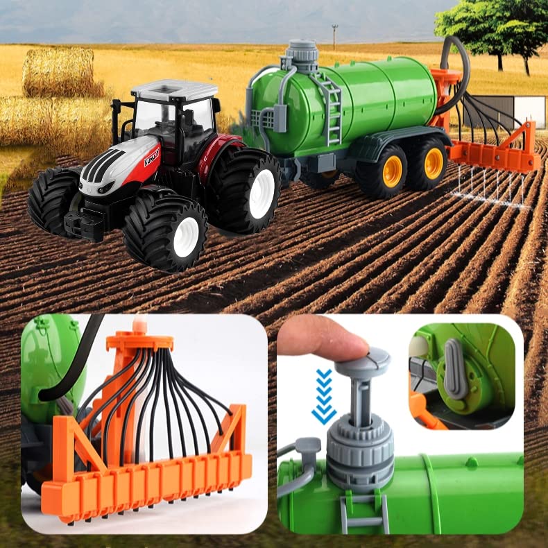 Remote Control Tractor Toy RC Truck With Trailer Farm Vehicle Toys Barrel Trailer With Spread Tubes Frontloader 1/24 Scale 2.4Ghz Farm Playset Toy For Kids Age 5 6 7 8 9 Up Years Old - Farm and Construction Play Edition
