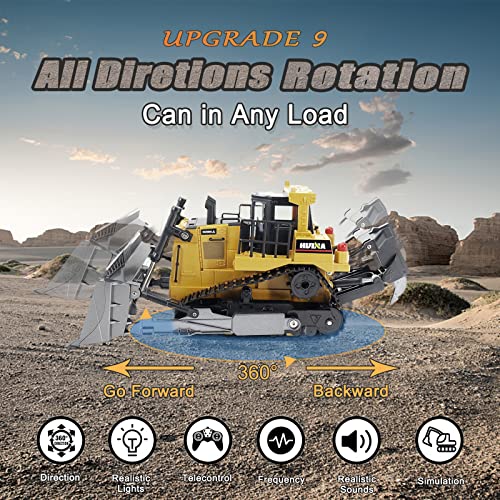 Bnam Remote Control Bulldozer RC 1/16 Full Functional Construction Vehicle 2.4Ghz 9 Channel Dozer Front Loader Toy With Light And Sound For Kids Age 6 7 8 9 10 And Up Years Old - Farm and Construction Play Edition