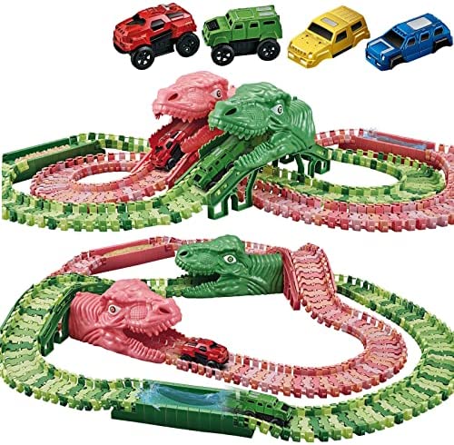 Dinosaur Toys For Kids 3-5 245 Pcs Dino Race Car Track Create A Dinosaur World Road Race With Flexible Train Track Playset 2 Electric Dinosaur Race Cars Toy,well-suited Gift For 3 4 5 Years Old Boys Girls Pink - Track and Vehicle Play Edition