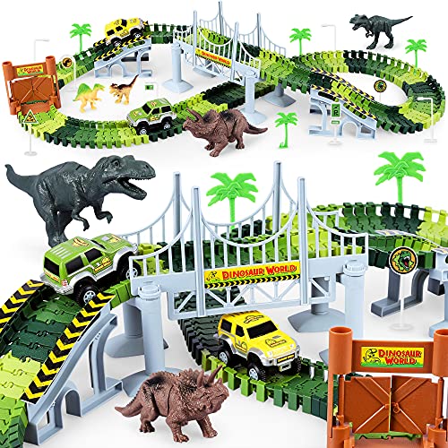 Deals Dinosaur Toys-187 Pcs Create A Dinosaur World Road Race Flexible Track Playset 4 Dinosaurs-2 Race Cars For 3 4 5 6 Years Up Old Boys Girls well-suited Gift - Track and Vehicle Play Edition