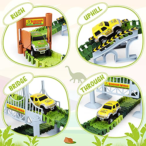 Deals Dinosaur Toys-187 Pcs Create A Dinosaur World Road Race Flexible Track Playset 4 Dinosaurs-2 Race Cars For 3 4 5 6 Years Up Old Boys Girls well-suited Gift - Track and Vehicle Play Edition