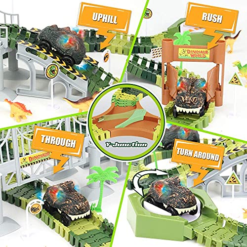174 PCS Dinosaur Toys Race Track Flexible Train Tracks With 8 Dinosaurs Figures 2 Electric Race Cars Vehicle Playset With Lights To Create A Dinosaur World Road Race For Toddlers Kids Boys Girls - Track and Vehicle Play Edition