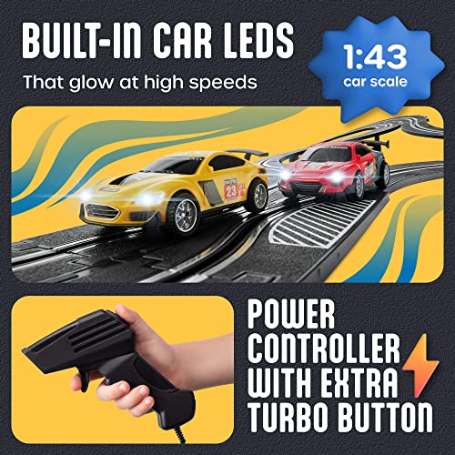 Slot Car Race Track Sets – Battery Or Electric Race Car Track With 4 Cars Dual Electric Race Track W/ 2 Remotes Lap Counter & Lights For Girls & Boys Age 8-12 - Track and Vehicle Play Edition