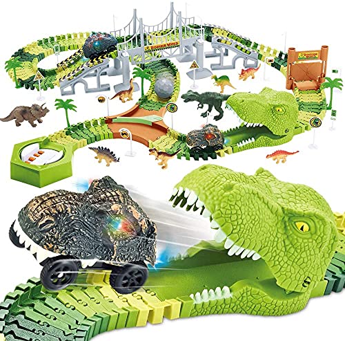 174 PCS Dinosaur Toys Race Track Flexible Train Tracks With 8 Dinosaurs Figures 2 Electric Race Cars Vehicle Playset With Lights To Create A Dinosaur World Road Race For Toddlers Kids Boys Girls - Track and Vehicle Play Edition