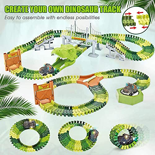 174 PCS Dinosaur Toys Race Track Flexible Train Tracks With 8 Dinosaurs Figures 2 Electric Race Cars Vehicle Playset With Lights To Create A Dinosaur World Road Race For Toddlers Kids Boys Girls - Track and Vehicle Play Edition