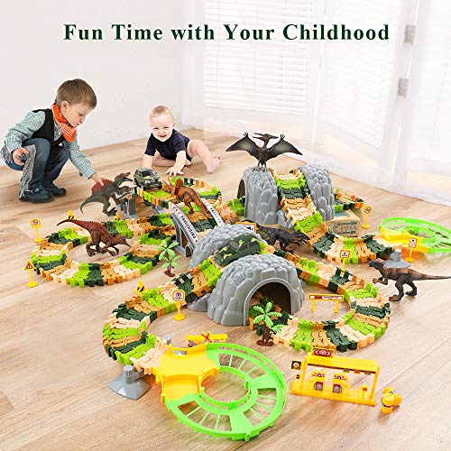 New Dinosaur Train Toys For Kids Longer Track 6 Realistic Jurassic Dino Figures 2 Electric Toy Car Twisted Flexible Train Track Set For Toddlers Boys & Girls 3 4 5 6 7 Years - Track and Vehicle Play Edition