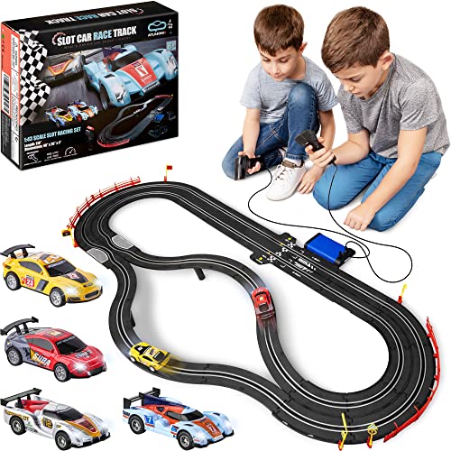 Slot Car Race Track Sets – Battery Or Electric Race Car Track With 4 Cars Dual Electric Race Track W/ 2 Remotes Lap Counter & Lights For Girls & Boys Age 8-12 - Track and Vehicle Play Edition