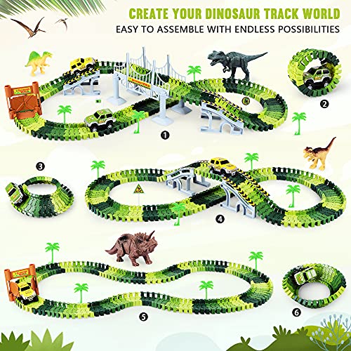 Deals Dinosaur Toys-187 Pcs Create A Dinosaur World Road Race Flexible Track Playset 4 Dinosaurs-2 Race Cars For 3 4 5 6 Years Up Old Boys Girls well-suited Gift - Track and Vehicle Play Edition