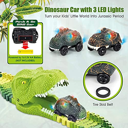174 PCS Dinosaur Toys Race Track Flexible Train Tracks With 8 Dinosaurs Figures 2 Electric Race Cars Vehicle Playset With Lights To Create A Dinosaur World Road Race For Toddlers Kids Boys Girls - Track and Vehicle Play Edition
