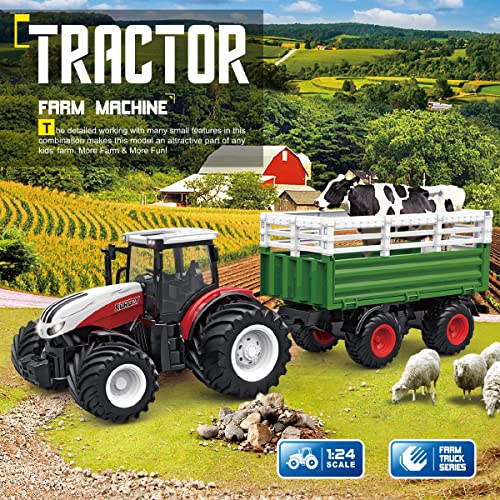 RC Tractor Remote Control Farm Truck With Trailer 1/24 Scale 2.4Ghz Electronic Tractor Farm Vehicle Toy With Light For Kids Age 5 6 7 8 9 And Up Years Old - Farm and Construction Play Edition